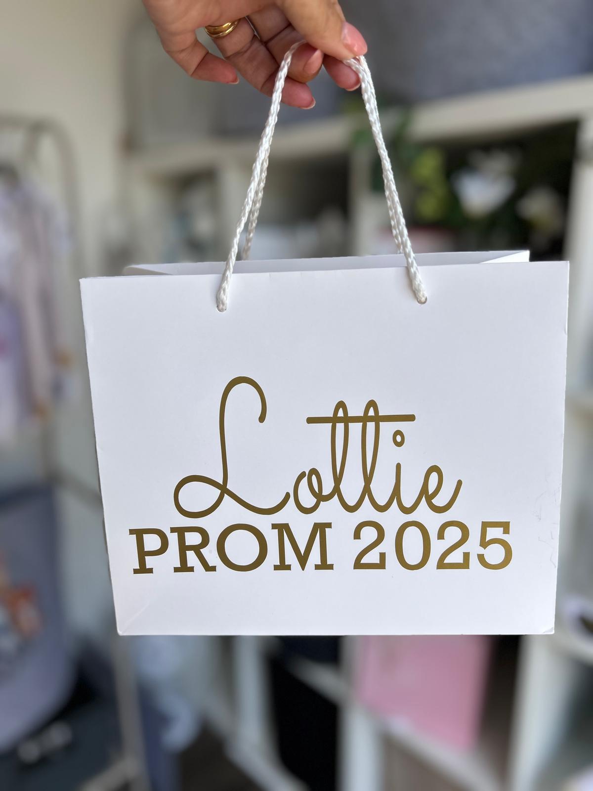 Personalised White Gift Bags, with gold, red, pink, black or silver writing.