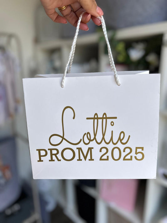 Personalised White Gift Bags, with gold, red, pink, black or silver writing.