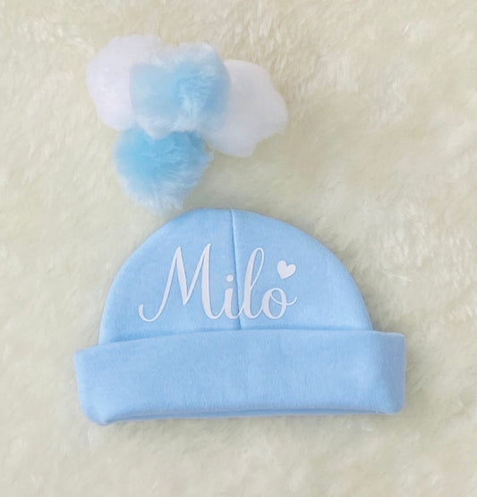 Personalised blue baby hat