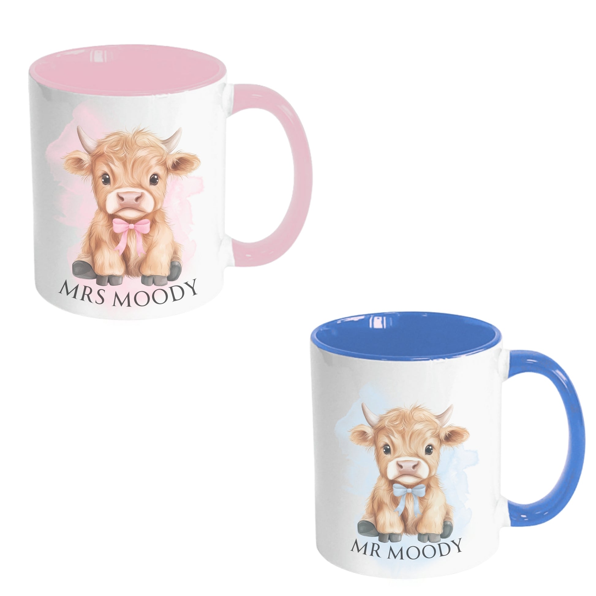 Cute highland cow Mr Moody and Mrs Moody ceramic mugs with coloured handles and interiors.