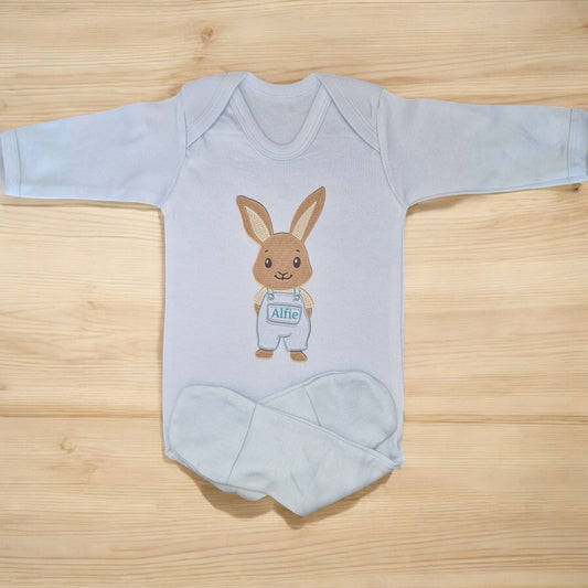 Personalised Easter Baby Vest for Boys – Custom Name Bunny Bodysuit, First Easter Outfit, White or Blue
