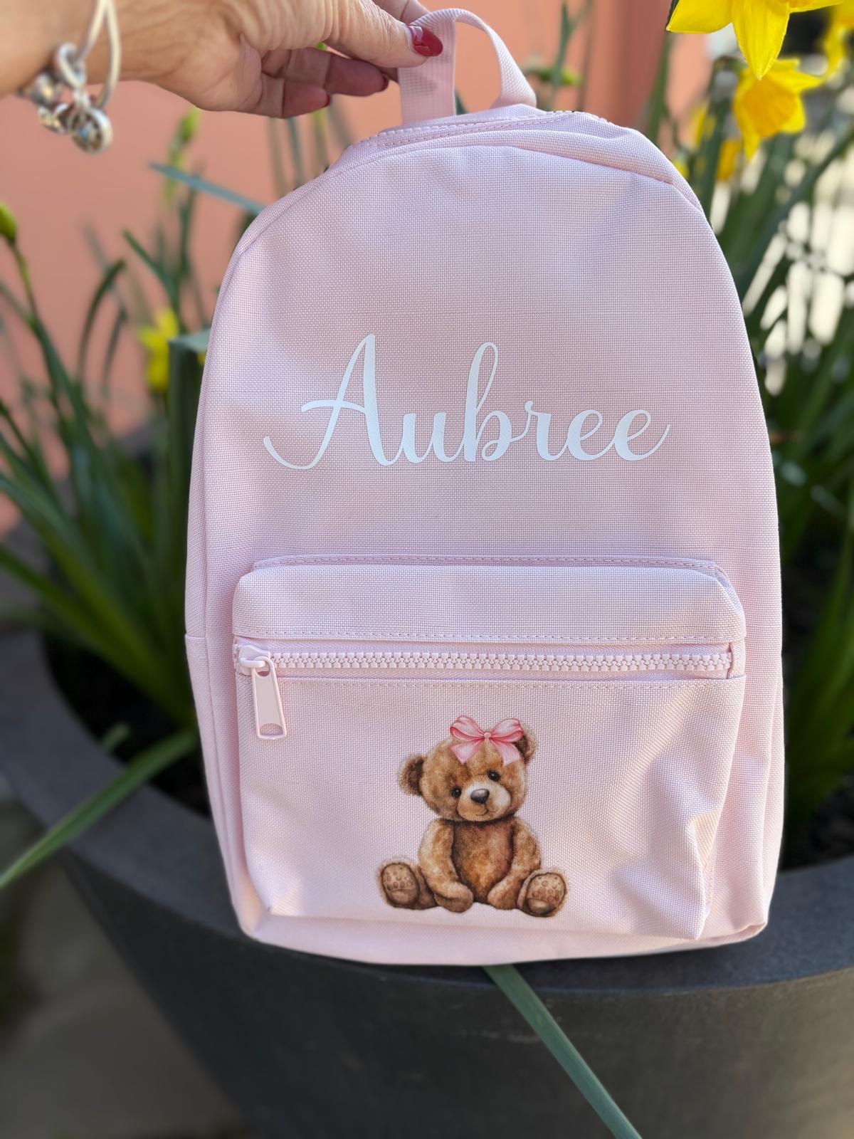 Personalised pink kids backpack with custom name and teddy bear design for girls nursery or preschool bag