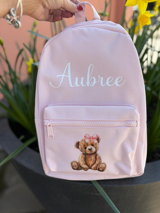Personalised pink kids backpack with custom name and teddy bear design for girls nursery or preschool bag