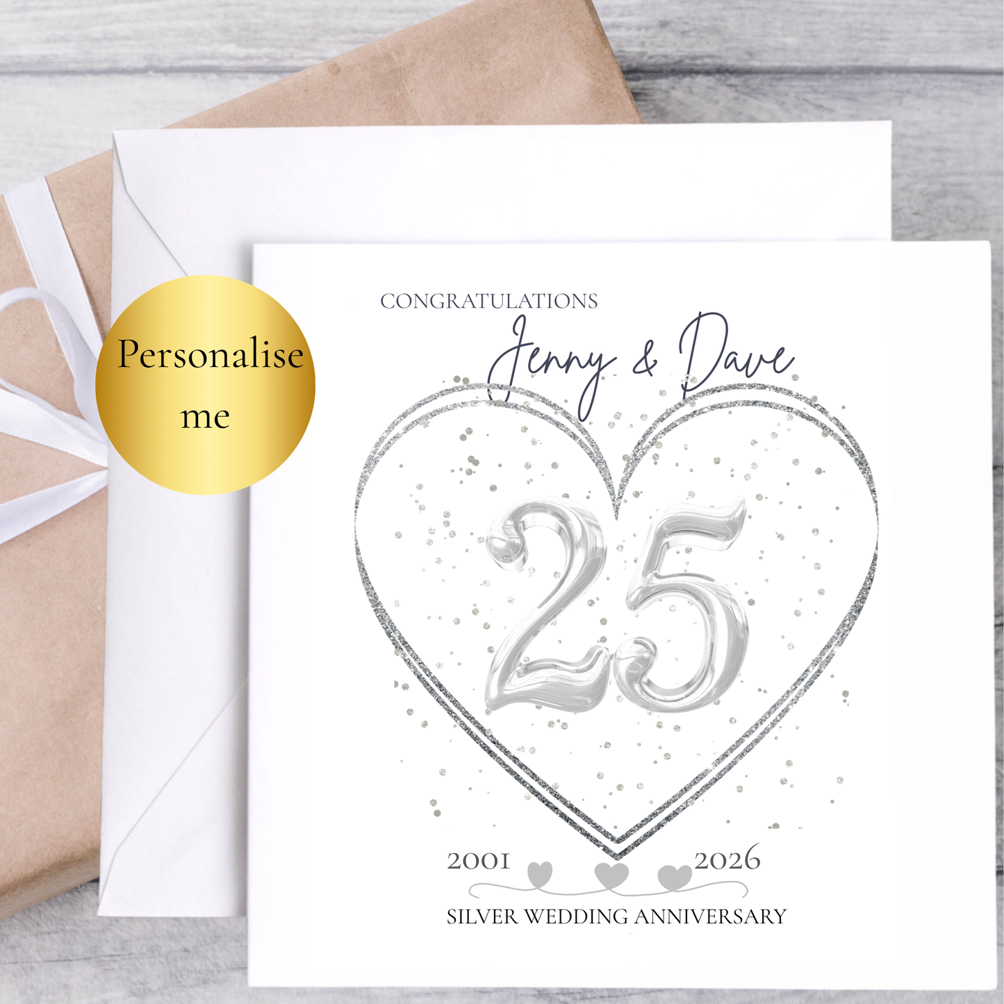 Personalised 25th Silver Wedding Anniversary Card – Custom Names & Date | 25 Years Married Card