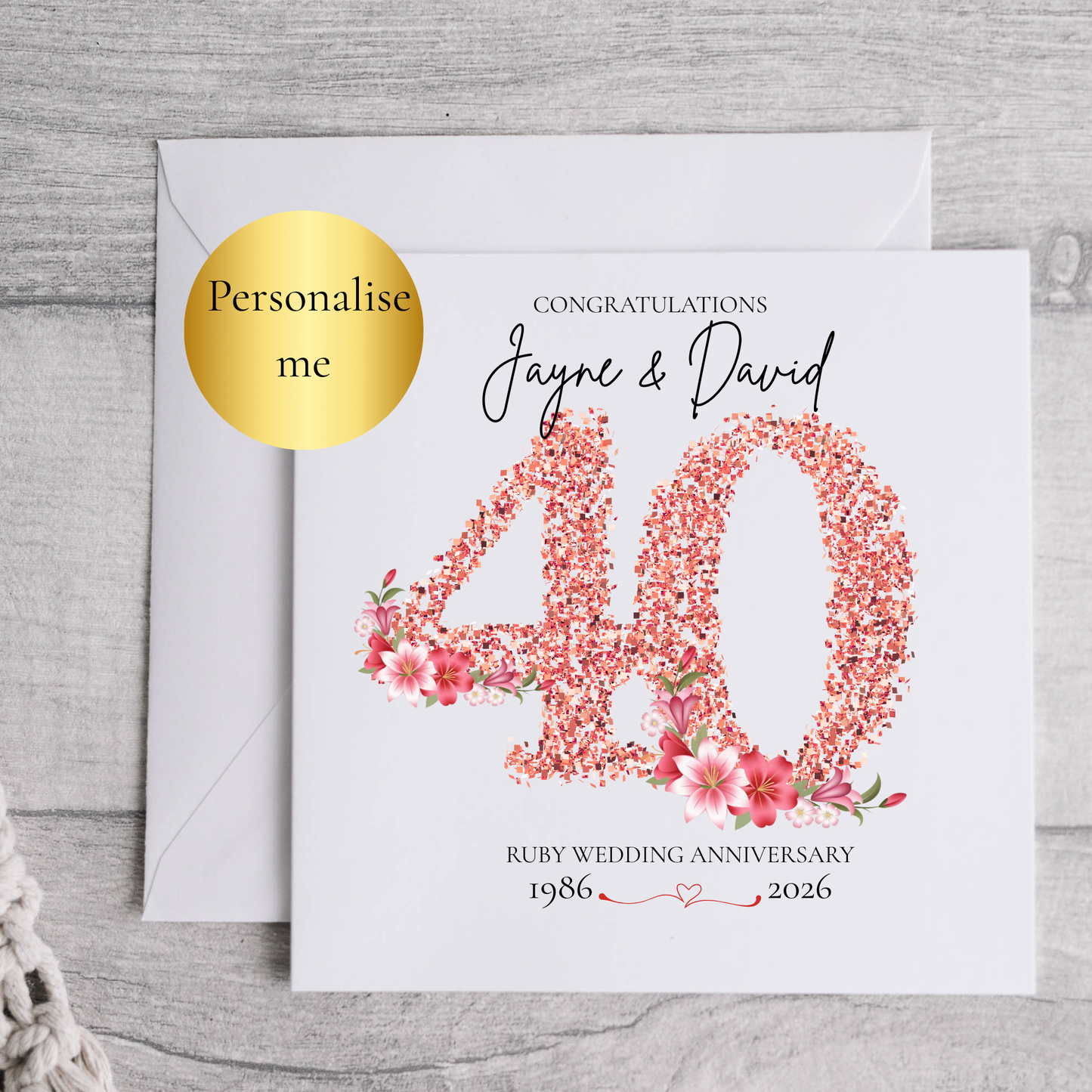 Personalised 40th Ruby Wedding Anniversary Card – Custom Names & Date