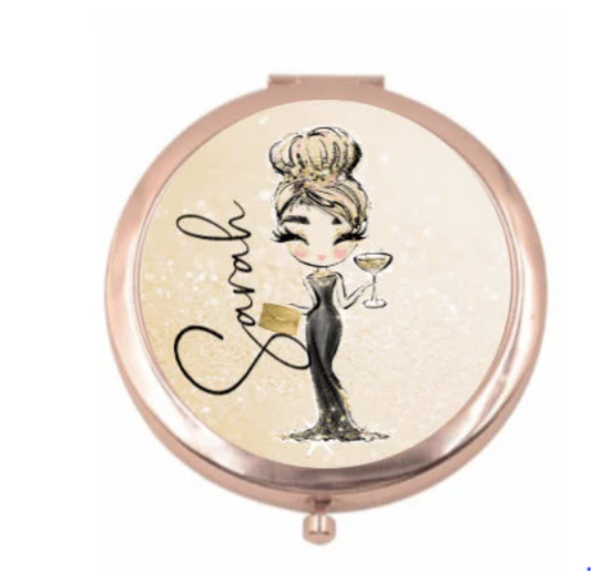 Personalised Compact Makeup Mirror ,Elegant Lady Design, Custom Hair & Skin Tone, Rose Gold, Gold & Silver Mirrors