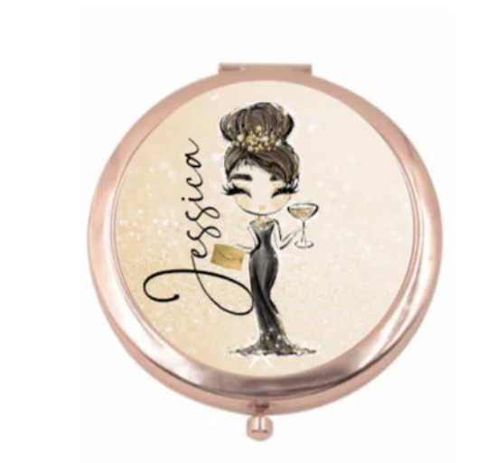 Personalised Compact Makeup Mirror – Elegant Lady Design | Custom Name Pocket Mirror Gift for Her