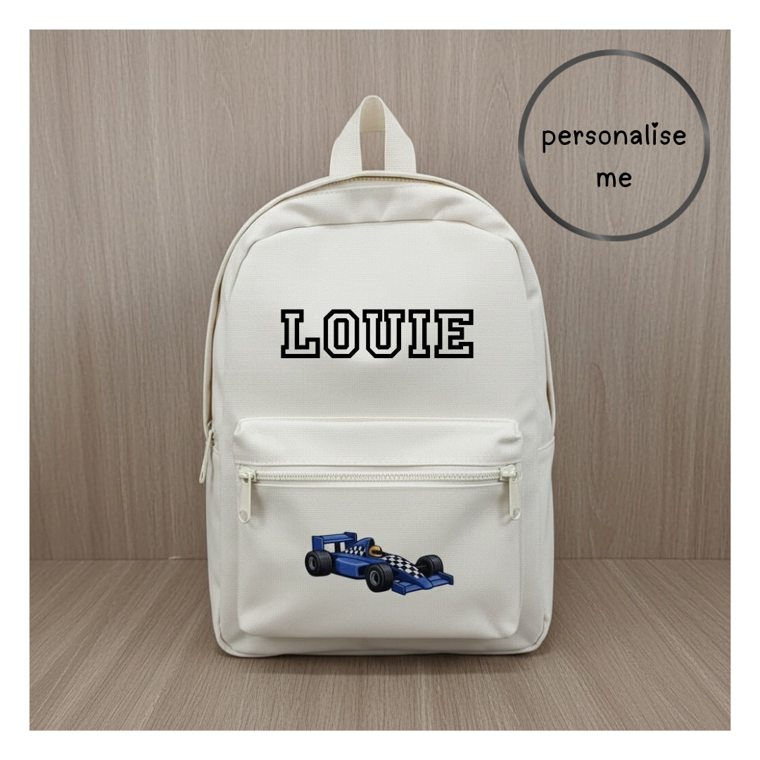 Personalised Kids Racing Car Backpack – Custom Name School Bag | Choice of Colours & Name Colours
