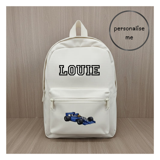 Personalised Kids Racing Car Backpack – Custom Name School Bag | Choice of Colours & Name Colours