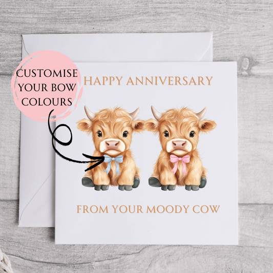 Personalised Anniversary Card, Highland Cow Design, add any custom message.