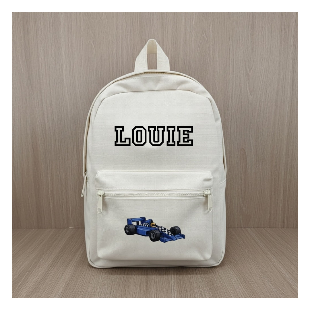 Personalised racing car backpack with custom name