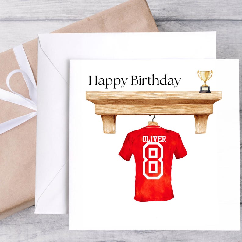 custom football birthday card with name and number
football fan personalised birthday card
football shirt birthday card personalised