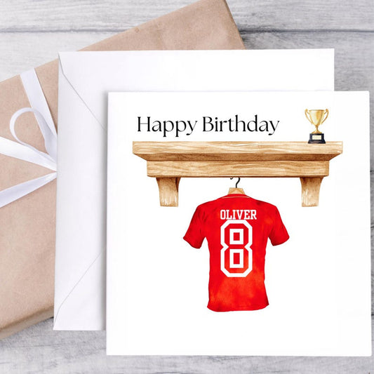 custom football birthday card with name and number
football fan personalised birthday card
football shirt birthday card personalised