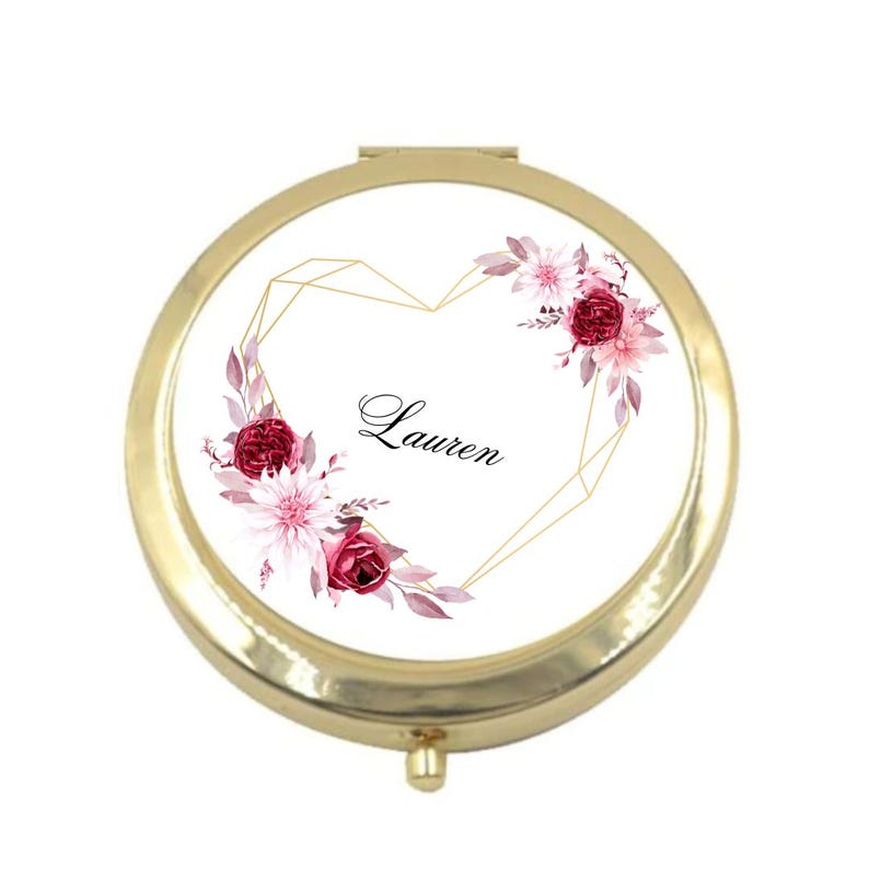 Personalised Compact Makeup Mirror ,Love heart flowers design. Rose Gold, Gold & Silver Mirrors