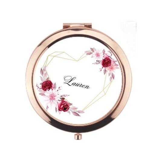 Personalised Compact Makeup Mirror ,Love heart flowers design. Rose Gold, Gold & Silver Mirrors