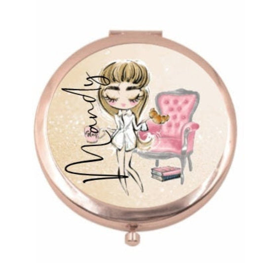 Personalised Compact mirror, blonde hair, brunette, dark hair, ladies make up accessorie, handbag mirror.