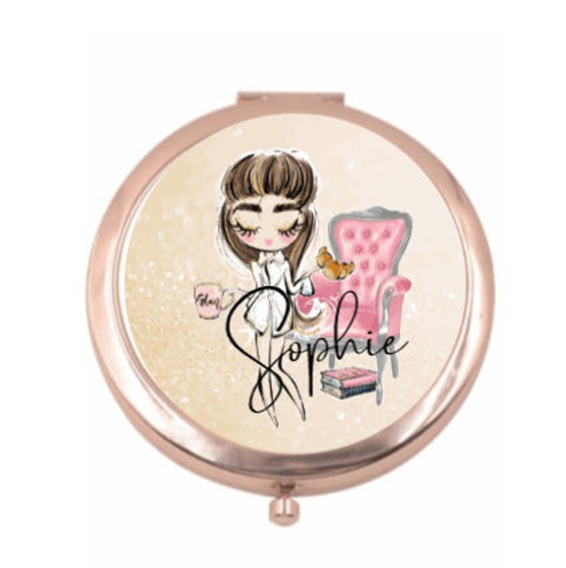Personalised Compact mirror, blonde hair, brunette, dark hair, ladies make up accessorie, handbag mirror.