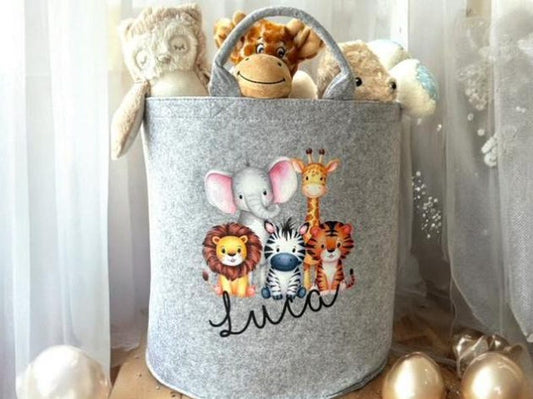 Personalised Safari Animal Toy Storage Basket – Custom Name Nursery & Children’s Room Organiser