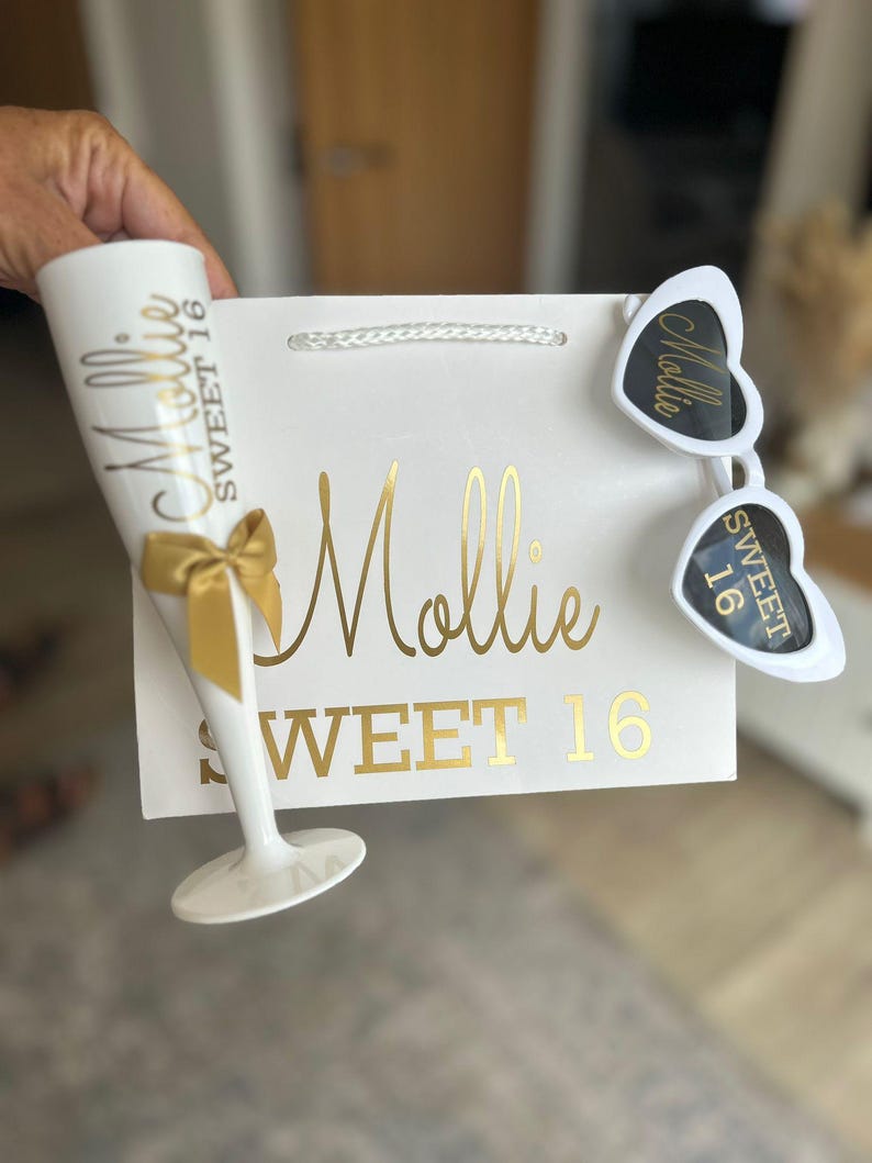 Sweet 16 birthday gift set, sixteen birthday sunglasses, personalised gift bag, champagne prosecco flute with name on, birthday queen sash.