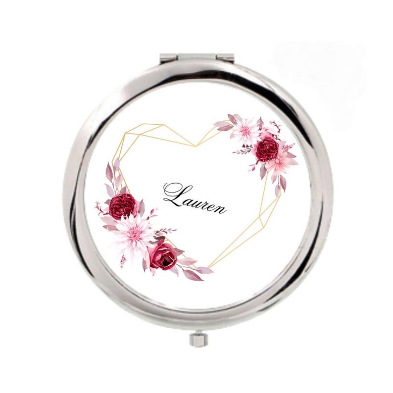 Personalised Compact Makeup Mirror ,Love heart flowers design. Rose Gold, Gold & Silver Mirrors