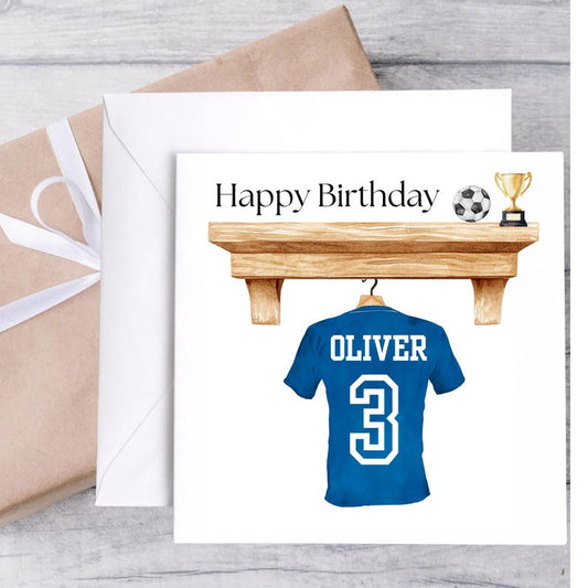 Personalised Blue Football Shirt Birthday Card – Custom Name & Number Card