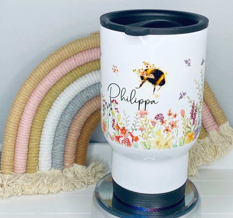 Personalised Travel Mug, Coffee Flask with name on,hot drink on the go, flowers, bumble bee, mothers day gift