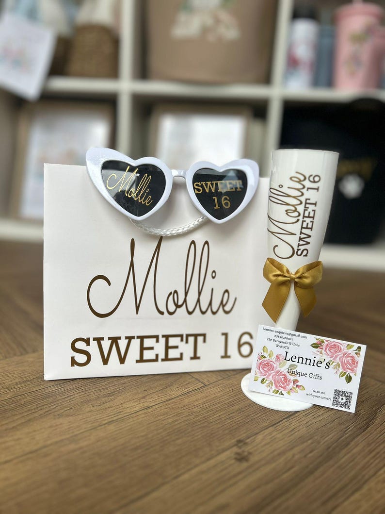 Sweet 16 birthday gift set, sixteen birthday sunglasses, personalised gift bag, champagne prosecco flute with name on, birthday queen sash.