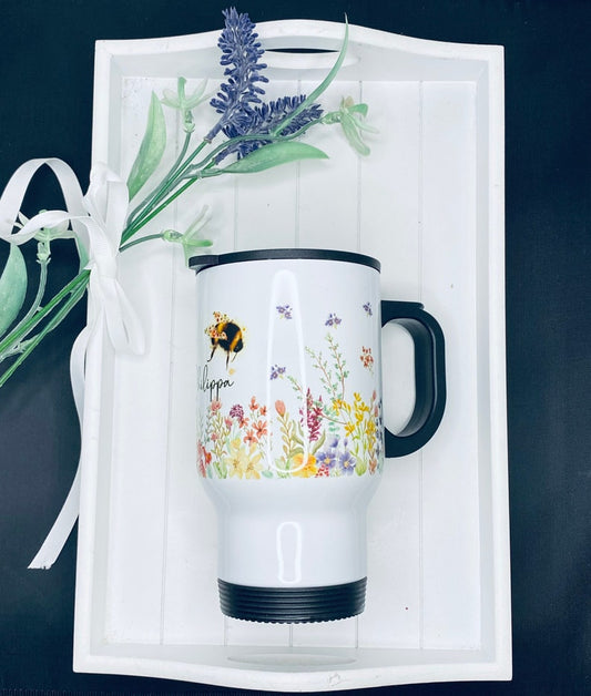 Personalised Travel Mug, Coffee Flask with name on,hot drink on the go, flowers, bumble bee, mothers day gift
